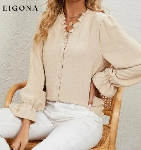 Button Up Flounce Sleeve V-Neck Shirt