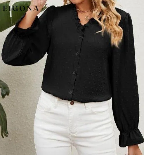Button Up Flounce Sleeve V-Neck Shirt