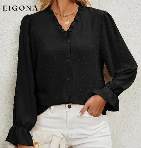 Button Up Flounce Sleeve V-Neck Shirt