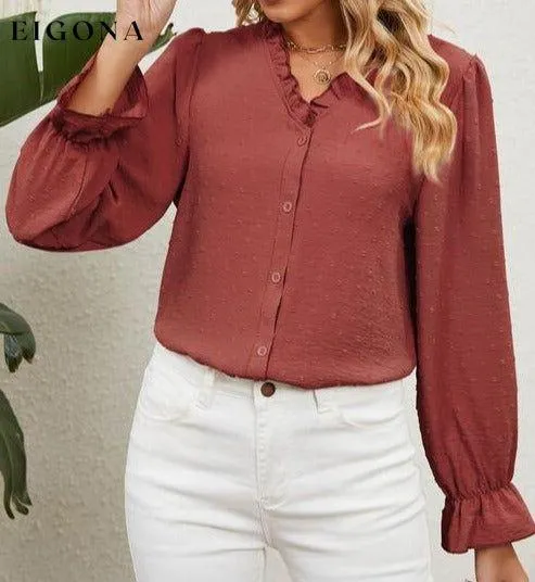 Button Up Flounce Sleeve V-Neck Shirt