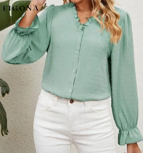 Button Up Flounce Sleeve V-Neck Shirt