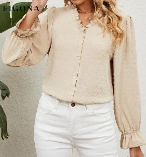 Button Up Flounce Sleeve V-Neck Shirt