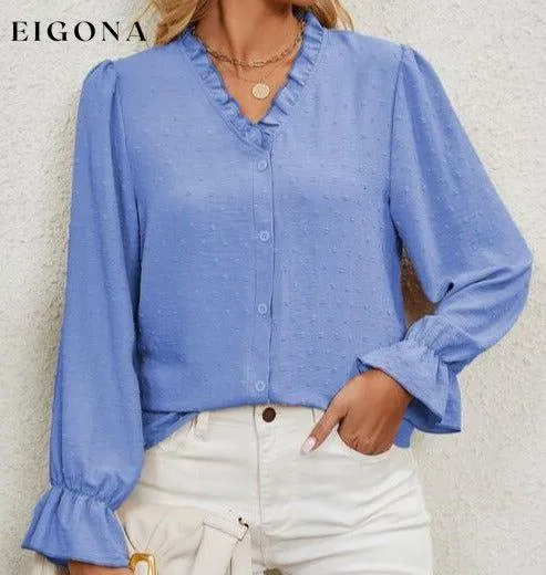 Button Up Flounce Sleeve V-Neck Shirt