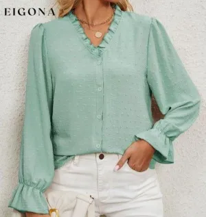 Button Up Flounce Sleeve V-Neck Shirt