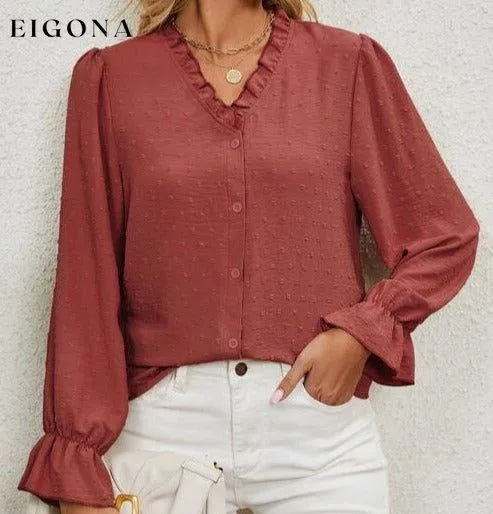 Button Up Flounce Sleeve V-Neck Shirt