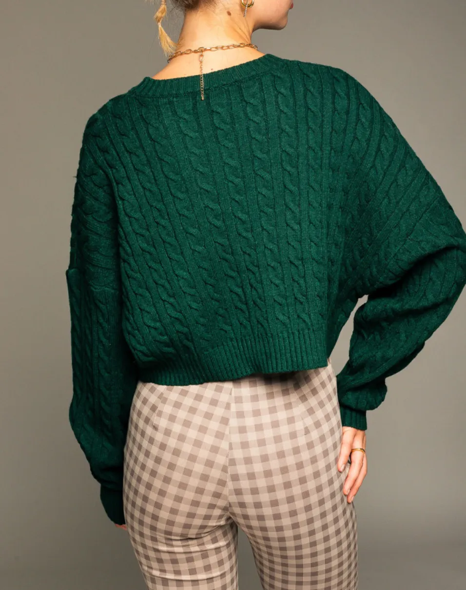 Cable Knit Crewneck Drop Shoulder Cropped Sweater