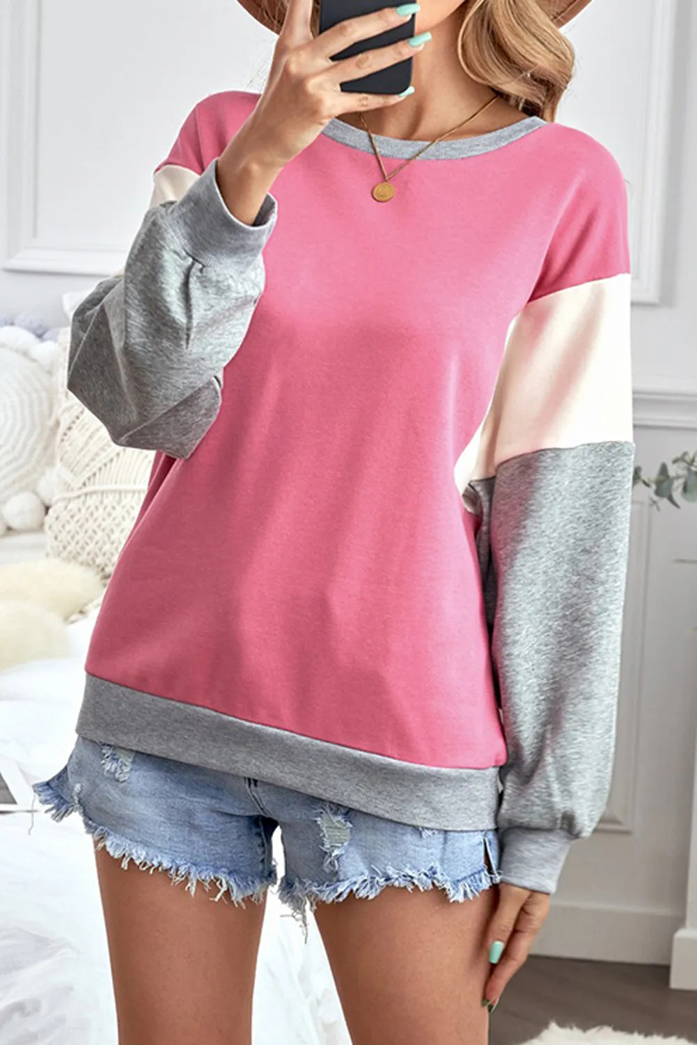 Cali Chic Women's Sweatshirt Celebrity Rose Color Block Pullover Sweatshirt