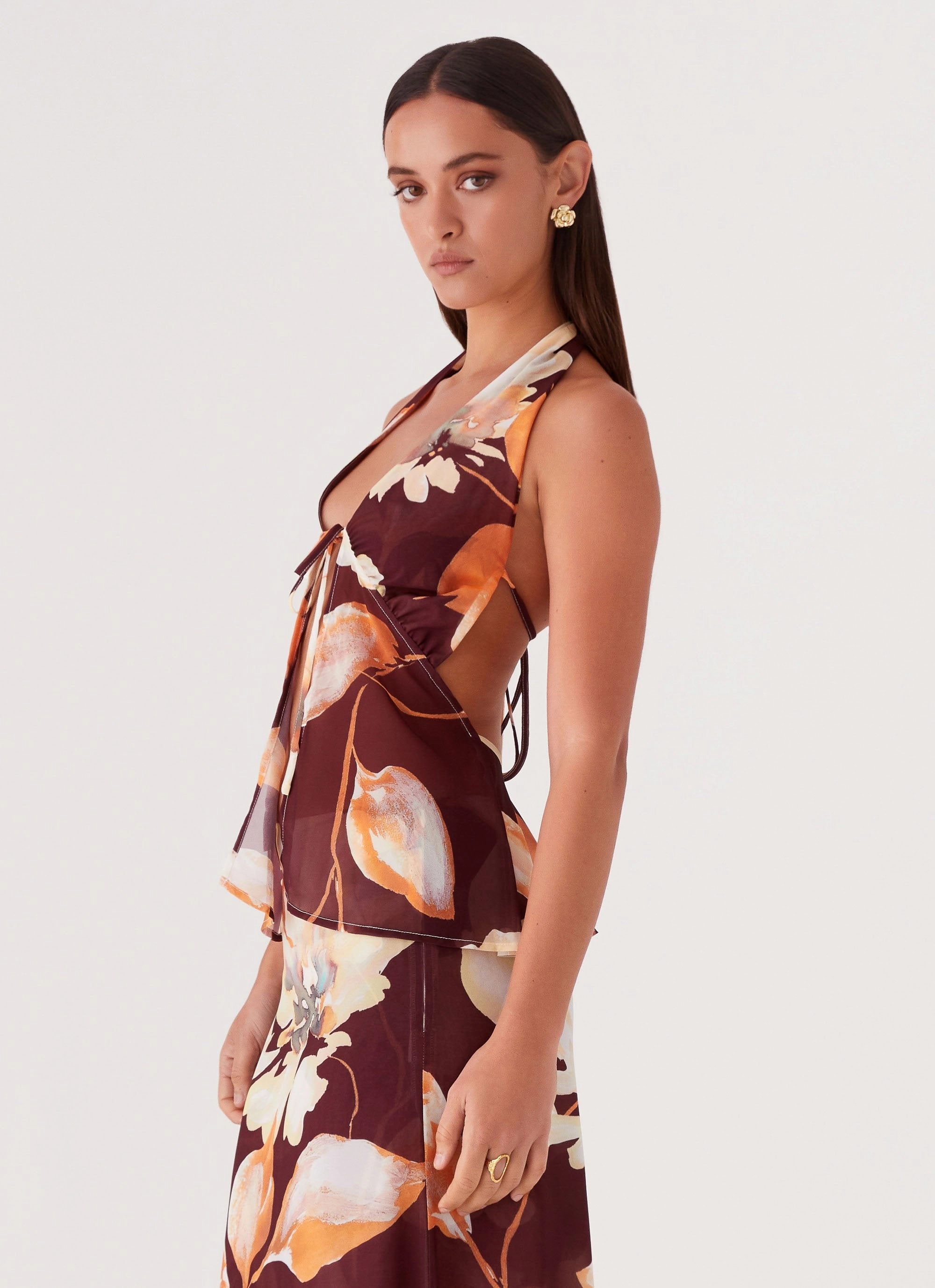 Camellia Halterneck Top - Brown Floral Modern Polo