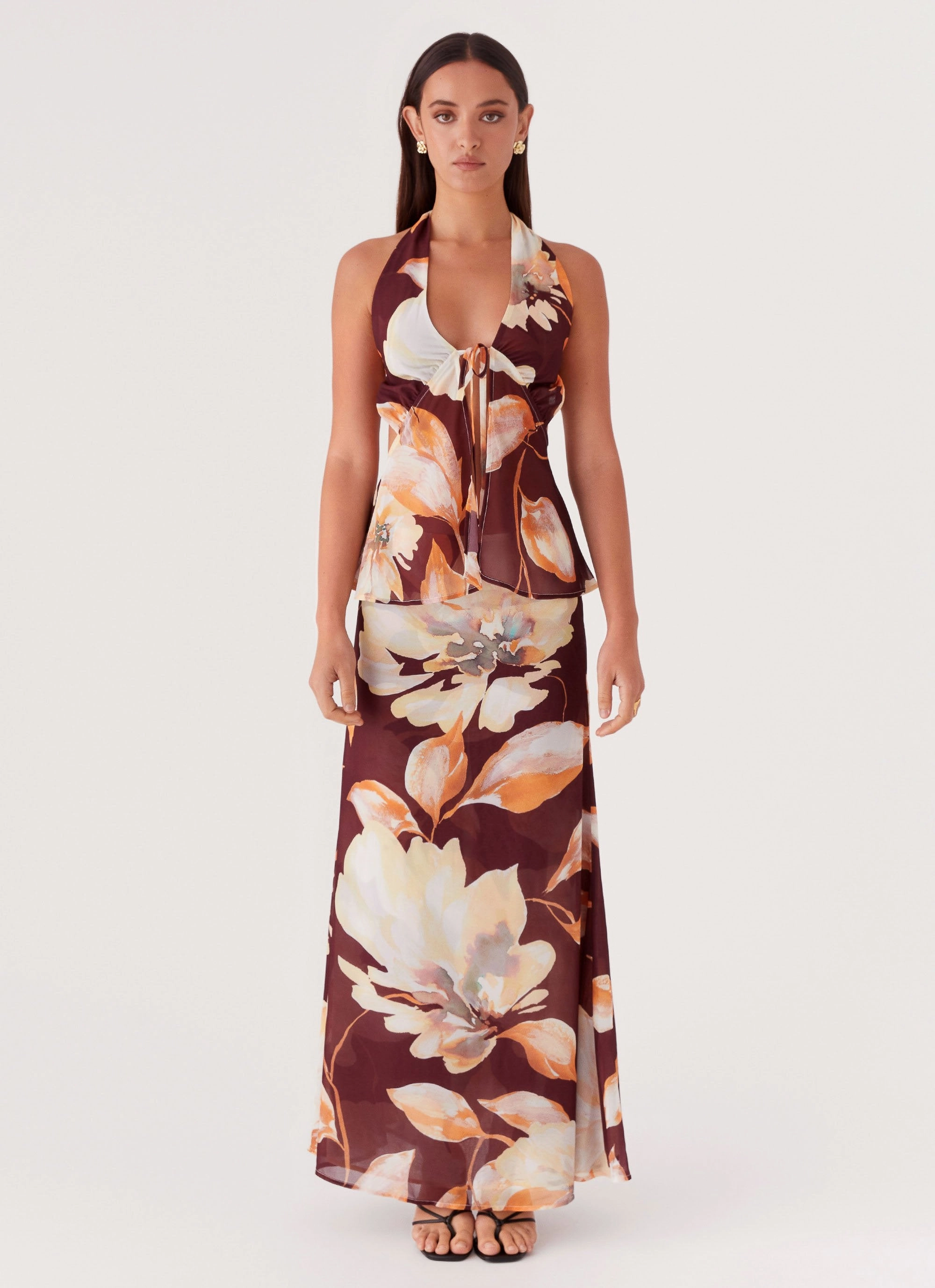 Camellia Halterneck Top - Brown Floral BrushedInnerSurface MultiFunctionalPockets