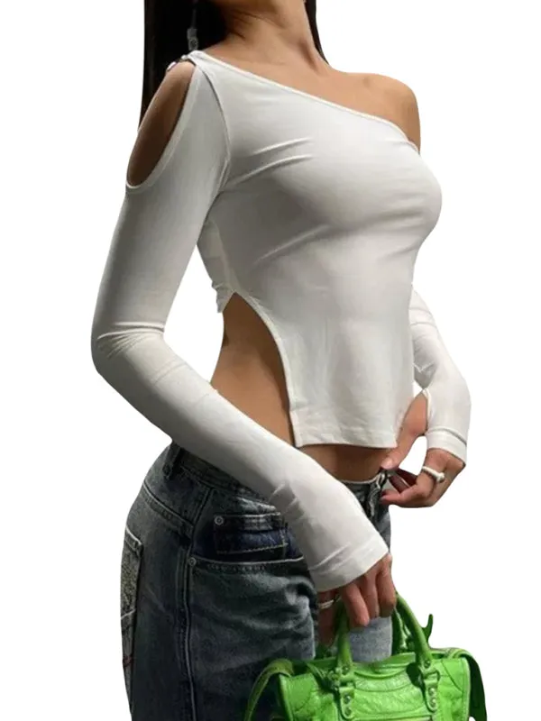 Camilla Long-Sleeved Round Neck Sexy Strapless Slit Ladies T-Shirt