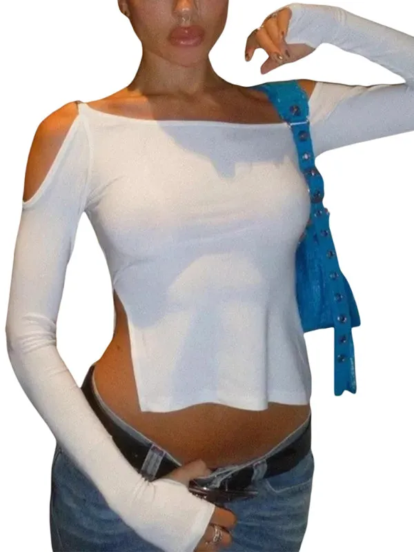 Camilla Long-Sleeved Round Neck Sexy Strapless Slit Ladies T-Shirt