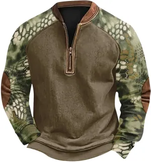 Camo Crewneck Sweatshirt for Men Vintage Quarter Zip Henley Neck Tactical Pullover Long Sleeve Camouflage Sweaters