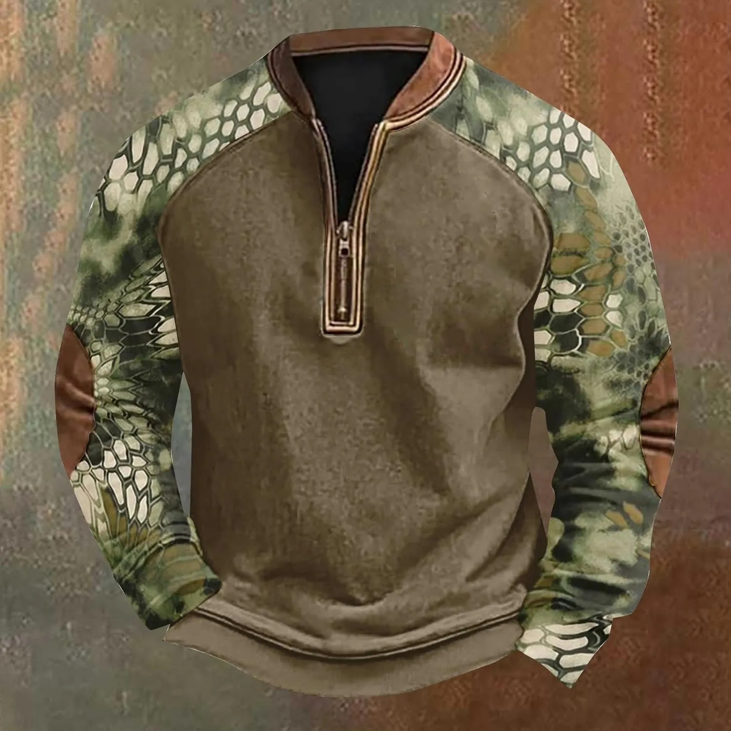 Camo Crewneck Sweatshirt for Men Vintage Quarter Zip Henley Neck Tactical Pullover Long Sleeve Camouflage Sweaters