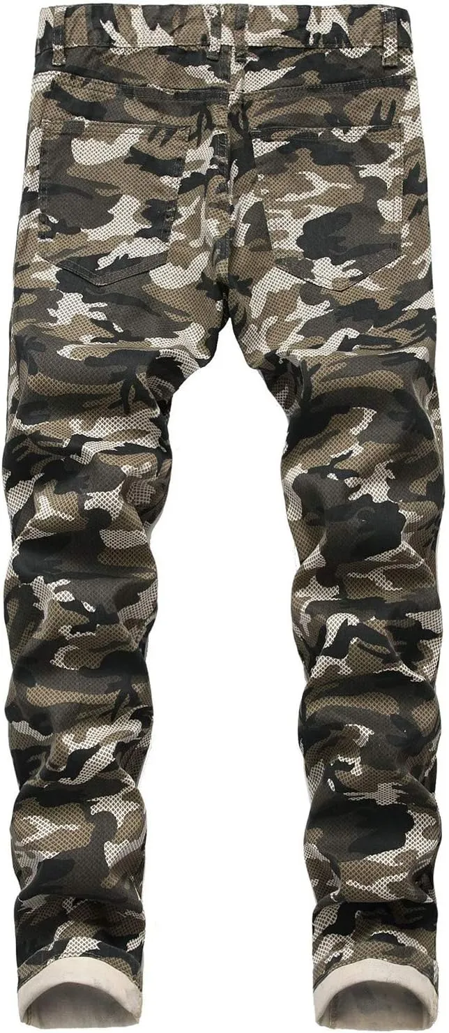 Camo Denim Jeans for Men Moto Biker Slim fit Stretch Jeans Camouflage Skinny Cargo Pants Military Army Combat Pants