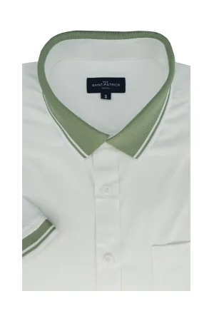 Campano Stretch Easy-Care Short Sleeve Hybrid Shirt in White and Fern Green