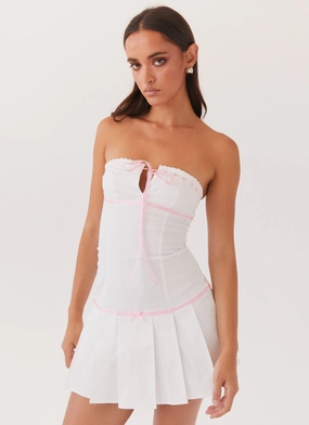 Contrast-Lining Lace-Sleeve Candy Coated Bustier Mini Dress - Pink Ribbon