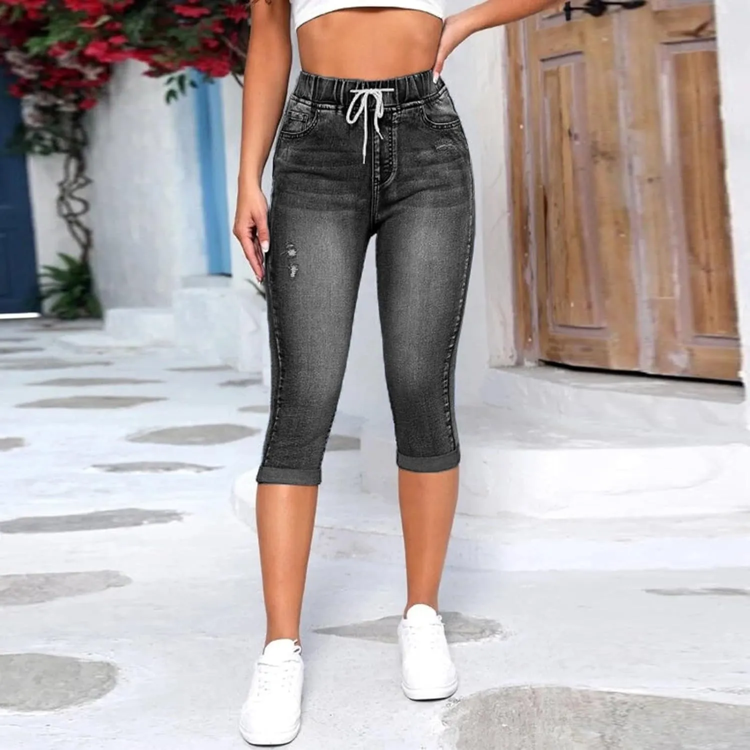 Capri Jeans for Women Stretch High Waisted Drawstring Cropped Jeans Trendy Slim Fit Denim Capris with Pockets