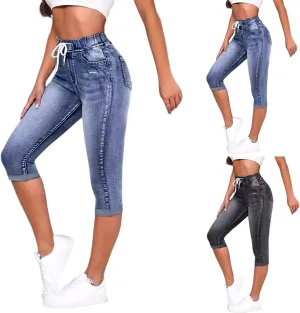 Capri Jeans for Women Stretch High Waisted Drawstring Cropped Jeans Trendy Slim Fit Denim Capris with Pockets