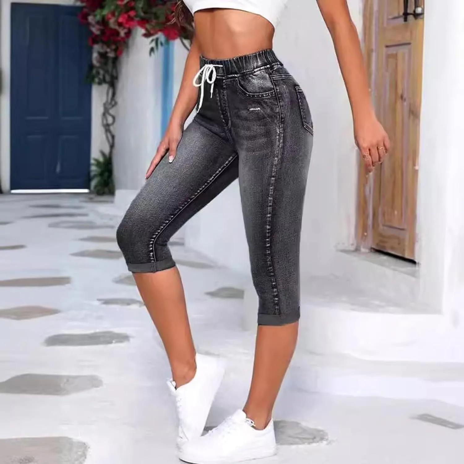 Capri Jeans for Women Stretch High Waisted Drawstring Cropped Jeans Trendy Slim Fit Denim Capris with Pockets