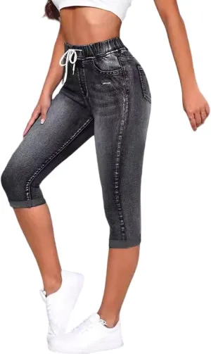 Capri Jeans for Women Stretch High Waisted Drawstring Cropped Jeans Trendy Slim Fit Denim Capris with Pockets