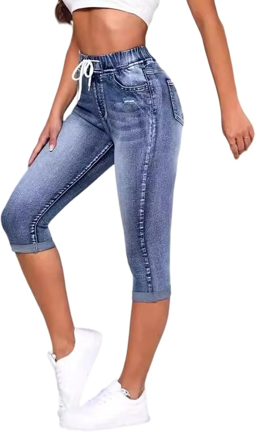 Capri Jeans for Women Stretch High Waisted Drawstring Cropped Jeans Trendy Slim Fit Denim Capris with Pockets