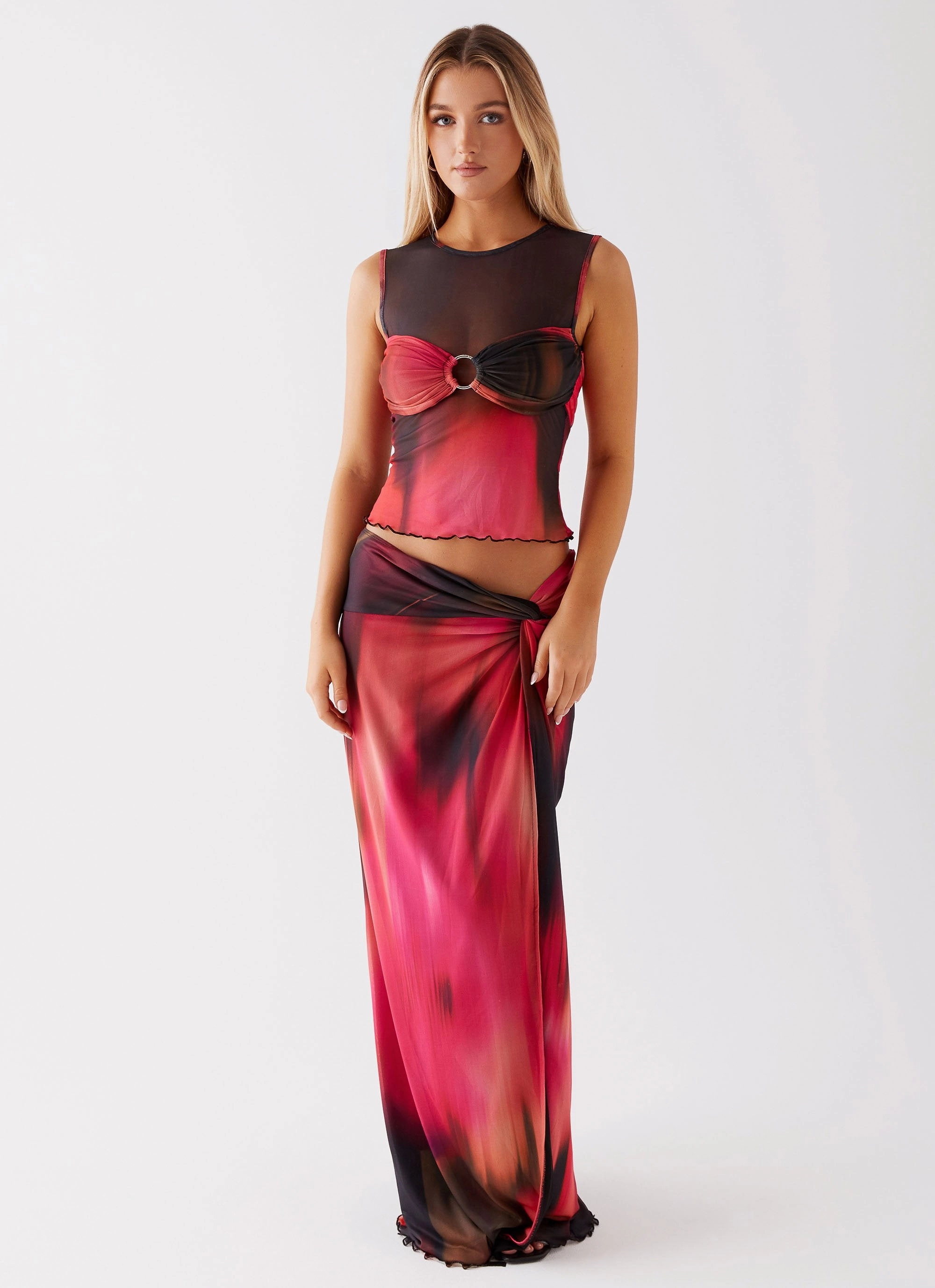 Layered Neckline Details Caprise Mesh Tank - Pink Print