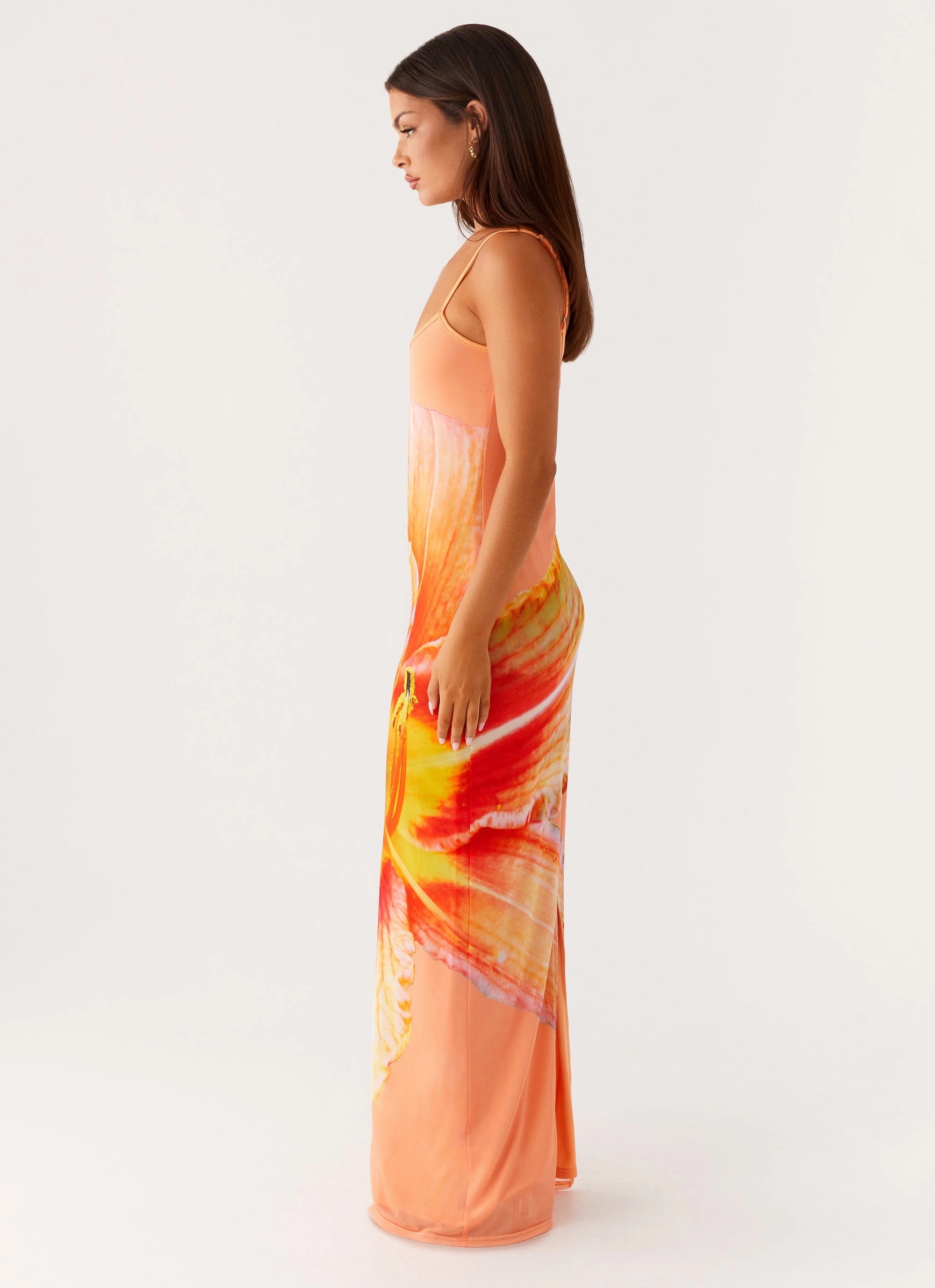 Bad News Mesh Maxi Dress - Orange Floral Light Base Easy to Wear