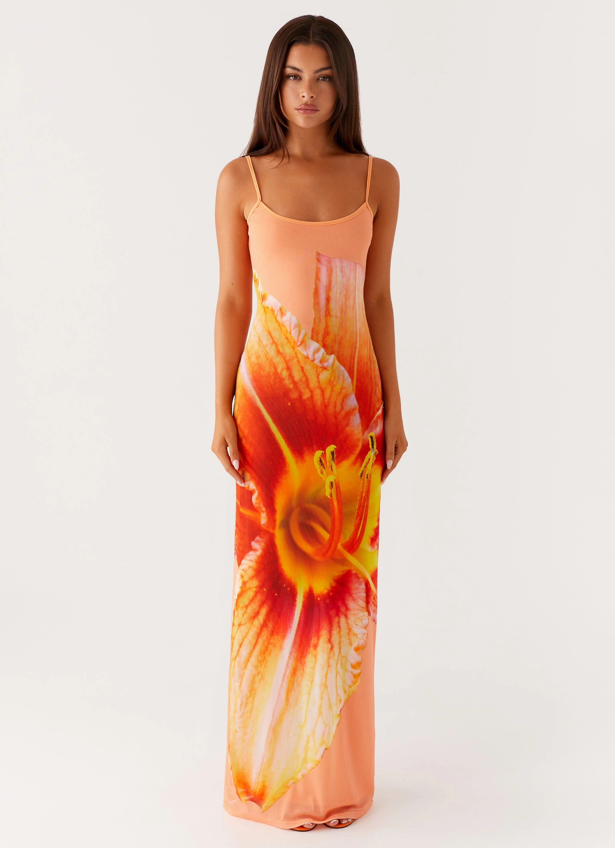 Bad News Mesh Maxi Dress - Orange Floral Glossy-Finish