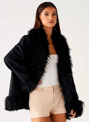Cotton Twill Carmelita Fur Trim Jacket - Black