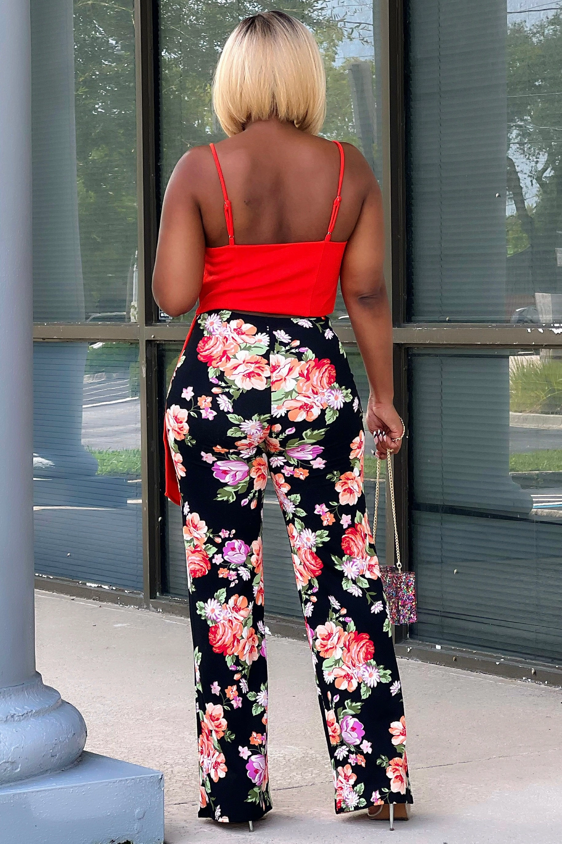 Carmen Floral Flare Leg Pants Red/Lavendar Lightweight Weave ExtendedSizeRange