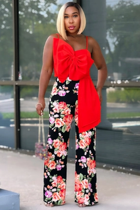 Multi Pocket System Sporty Cut Carmen Floral Flare Leg Pants Red/Lavendar
