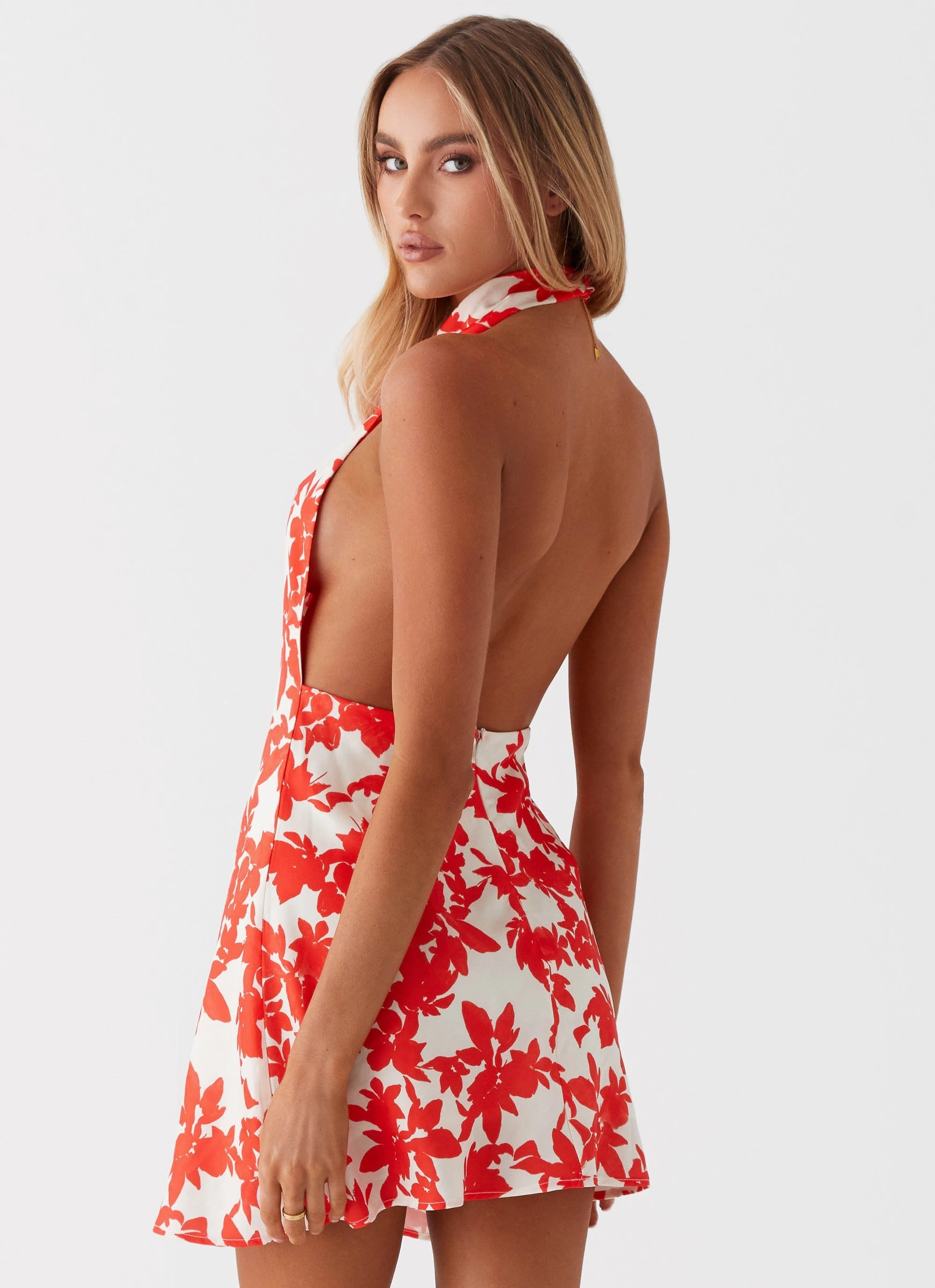 Sheer-Overlay Carmine Bouquet Cowl Neck Mini Dress - Red Floral
