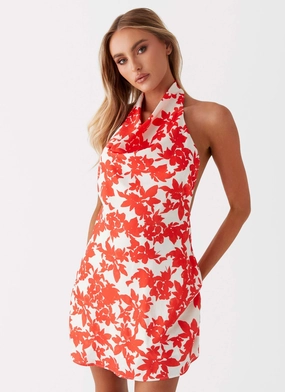 Warm Pink Sophisticated Wear Carmine Bouquet Cowl Neck Mini Dress - Red Floral