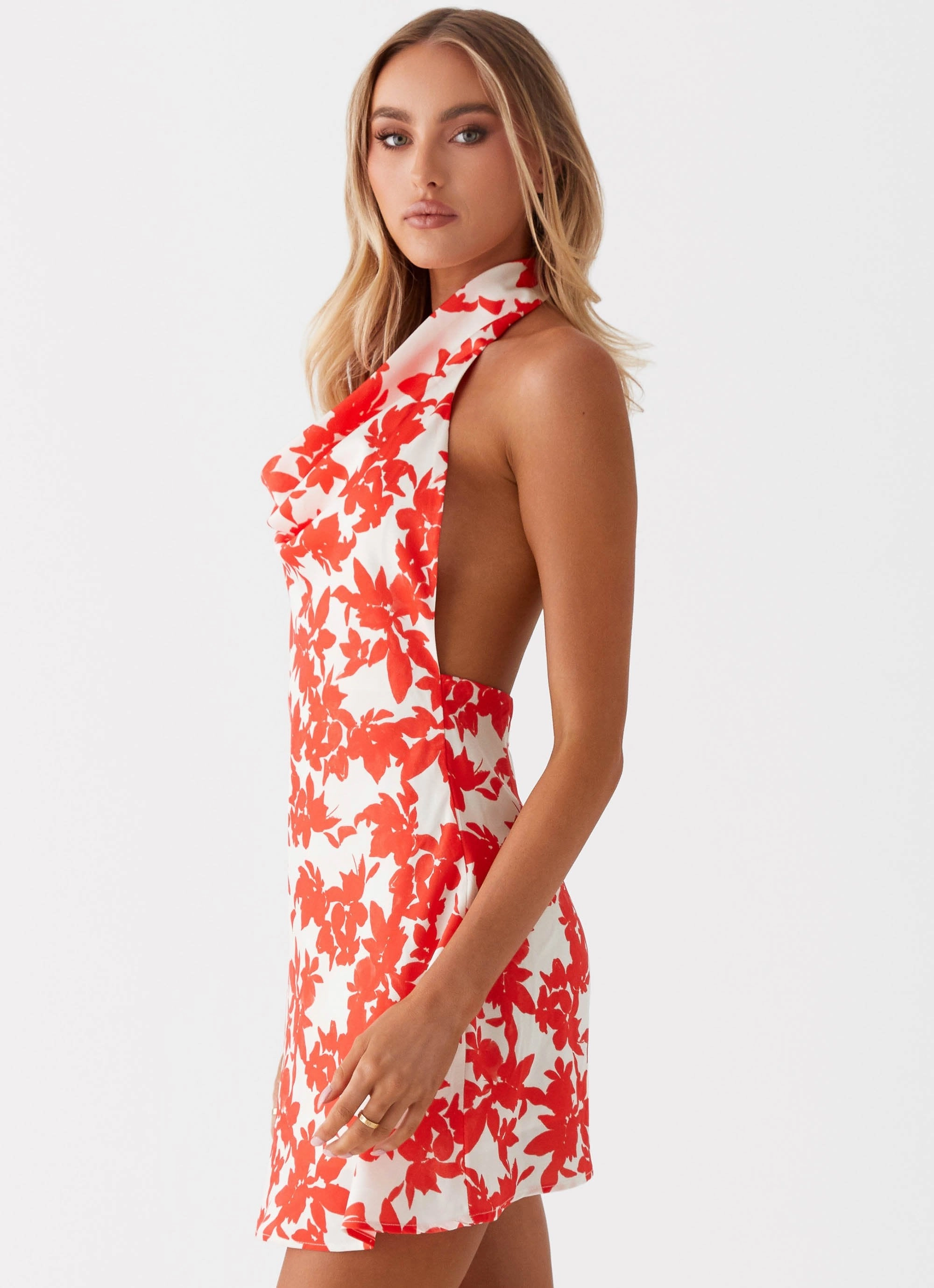 Sculpted Form Carmine Bouquet Cowl Neck Mini Dress - Red Floral
