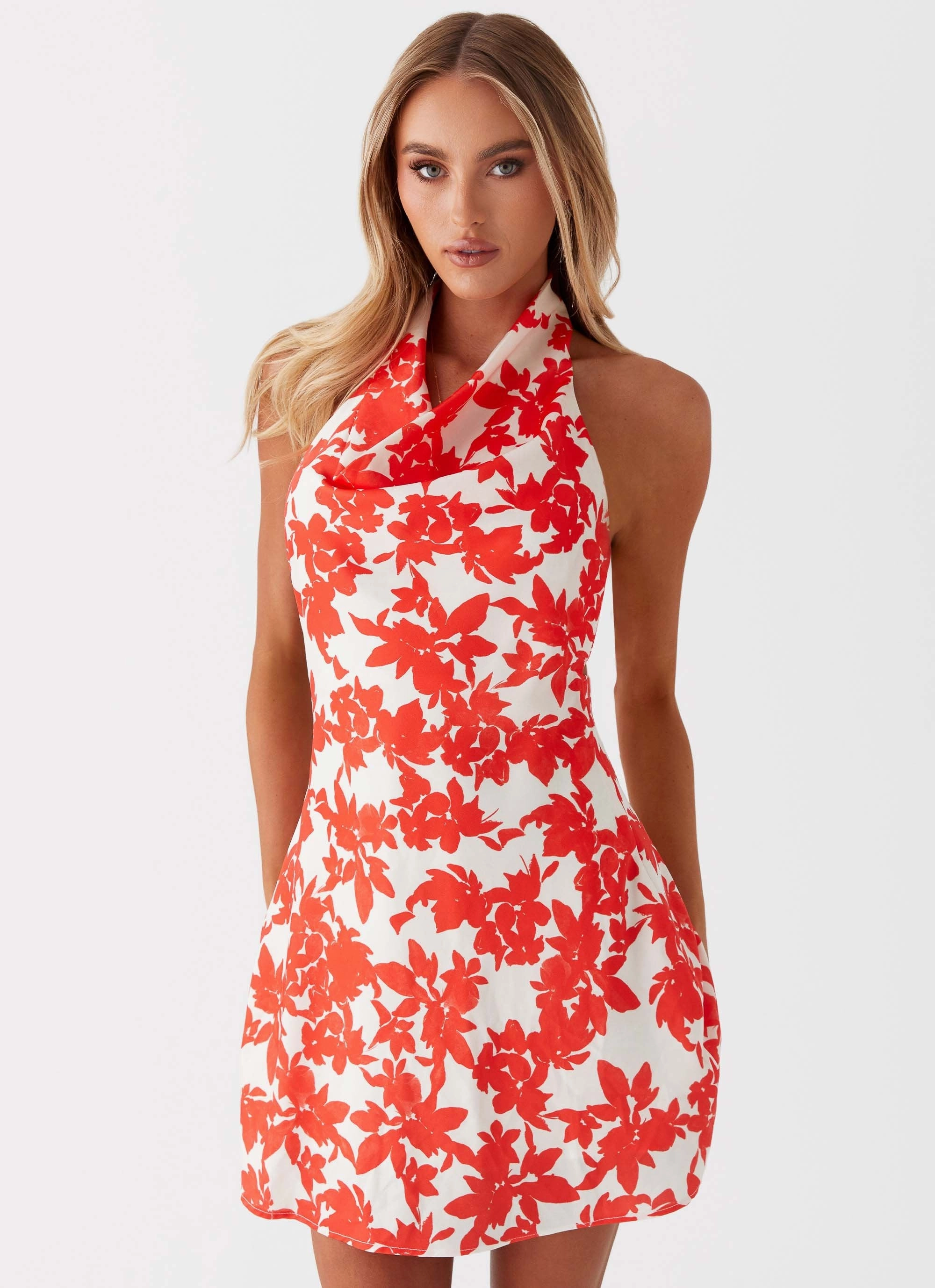 Carmine Bouquet Cowl Neck Mini Dress - Red Floral Unique Cut