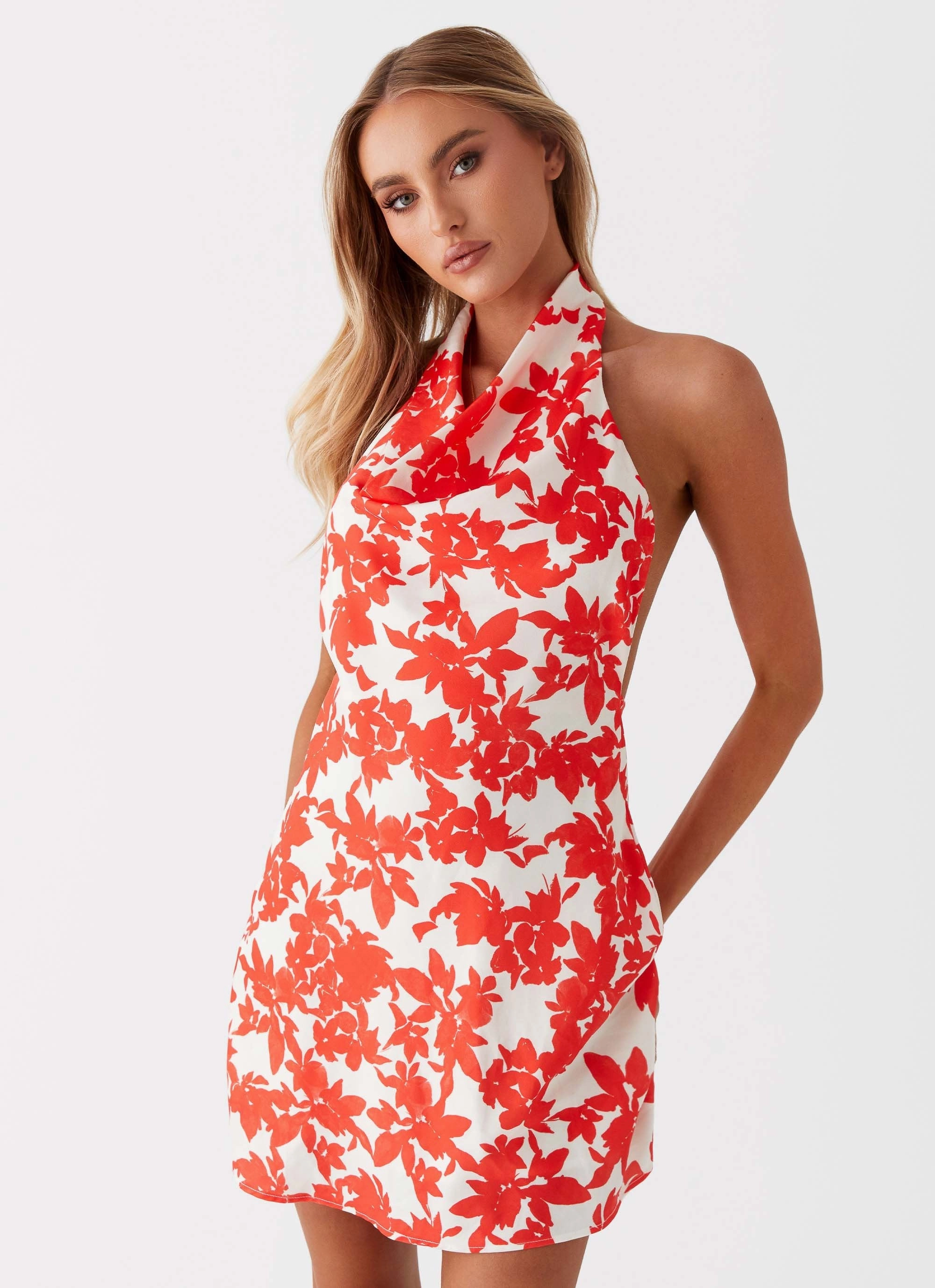 Warm Pink Sophisticated Wear Carmine Bouquet Cowl Neck Mini Dress - Red Floral