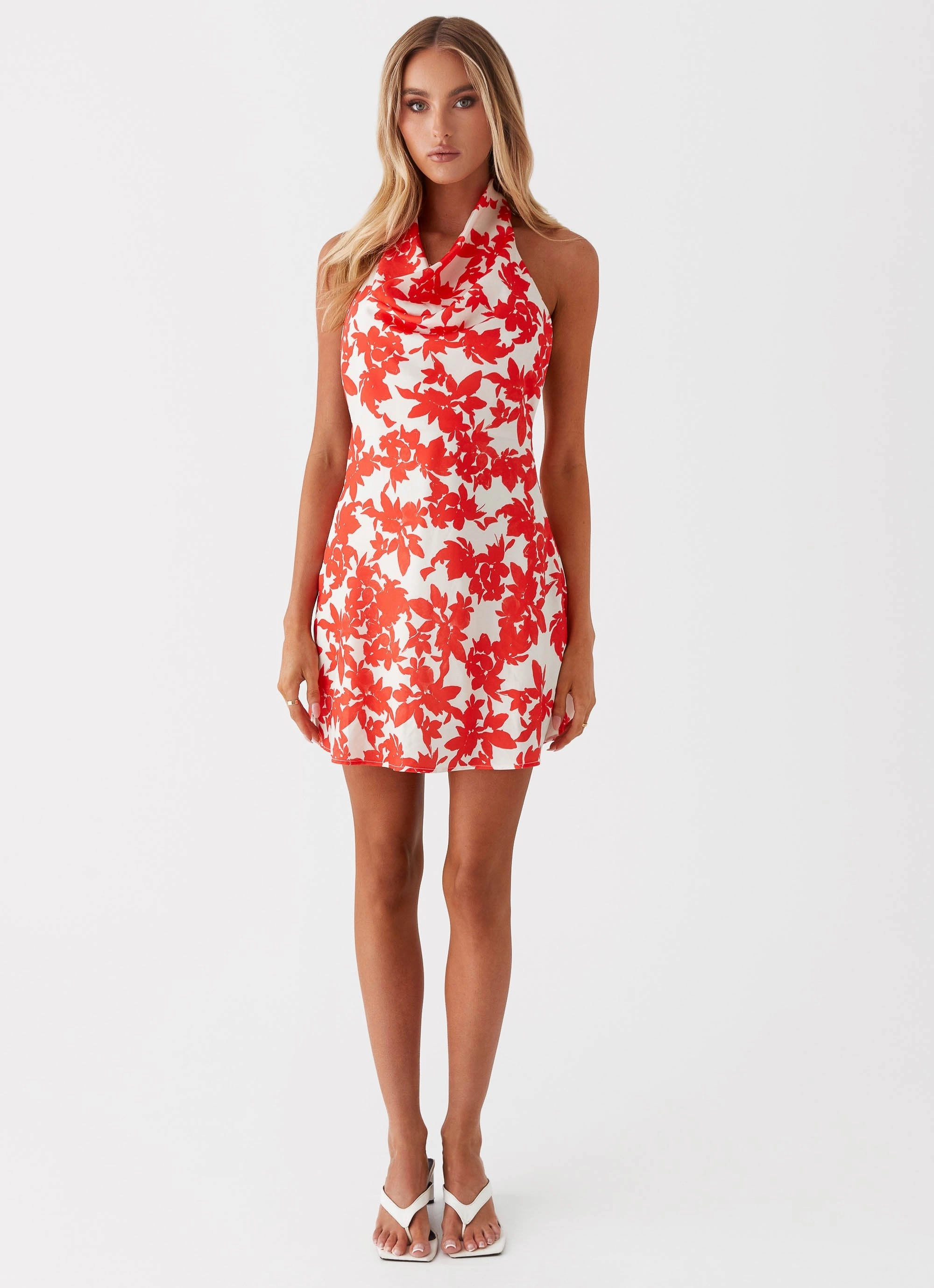 Carmine Bouquet Cowl Neck Mini Dress - Red Floral Timeless office dress