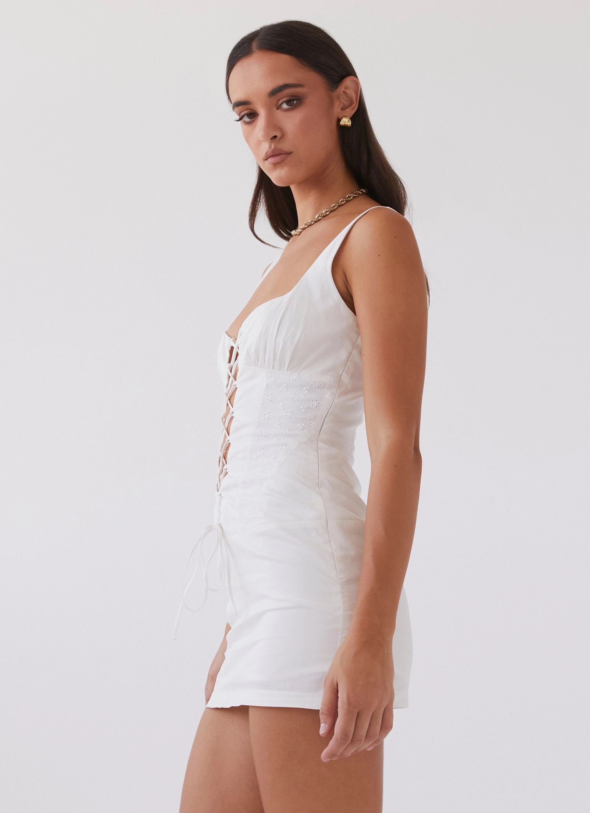 Casey Lace Up Mini Dress - White Autumn Look Lounge Style