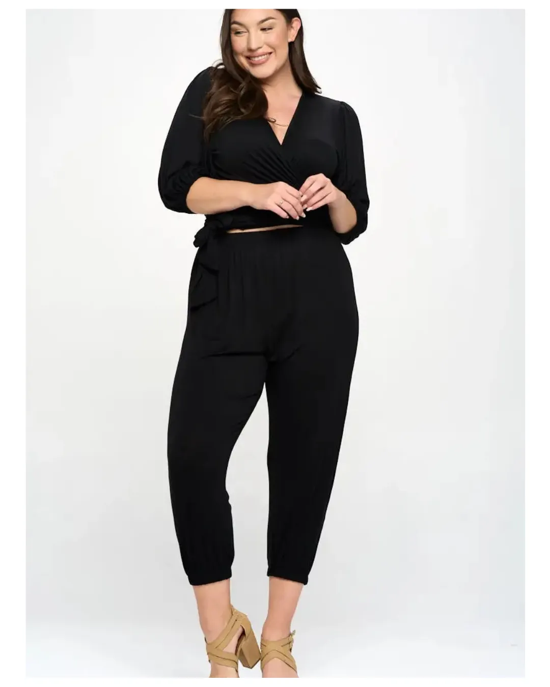 Cassandra - Plus Size Surplice Cropped Top and Jogger Set