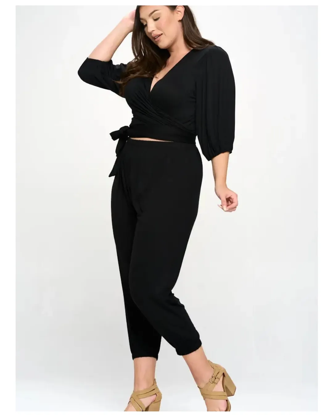 Cassandra - Plus Size Surplice Cropped Top and Jogger Set