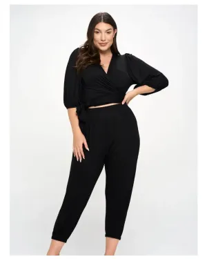 Cassandra - Plus Size Surplice Cropped Top and Jogger Set