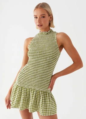 Gloss Finish Organic-Fabric Cassie shirred Mini Dress - Khaki Gingham