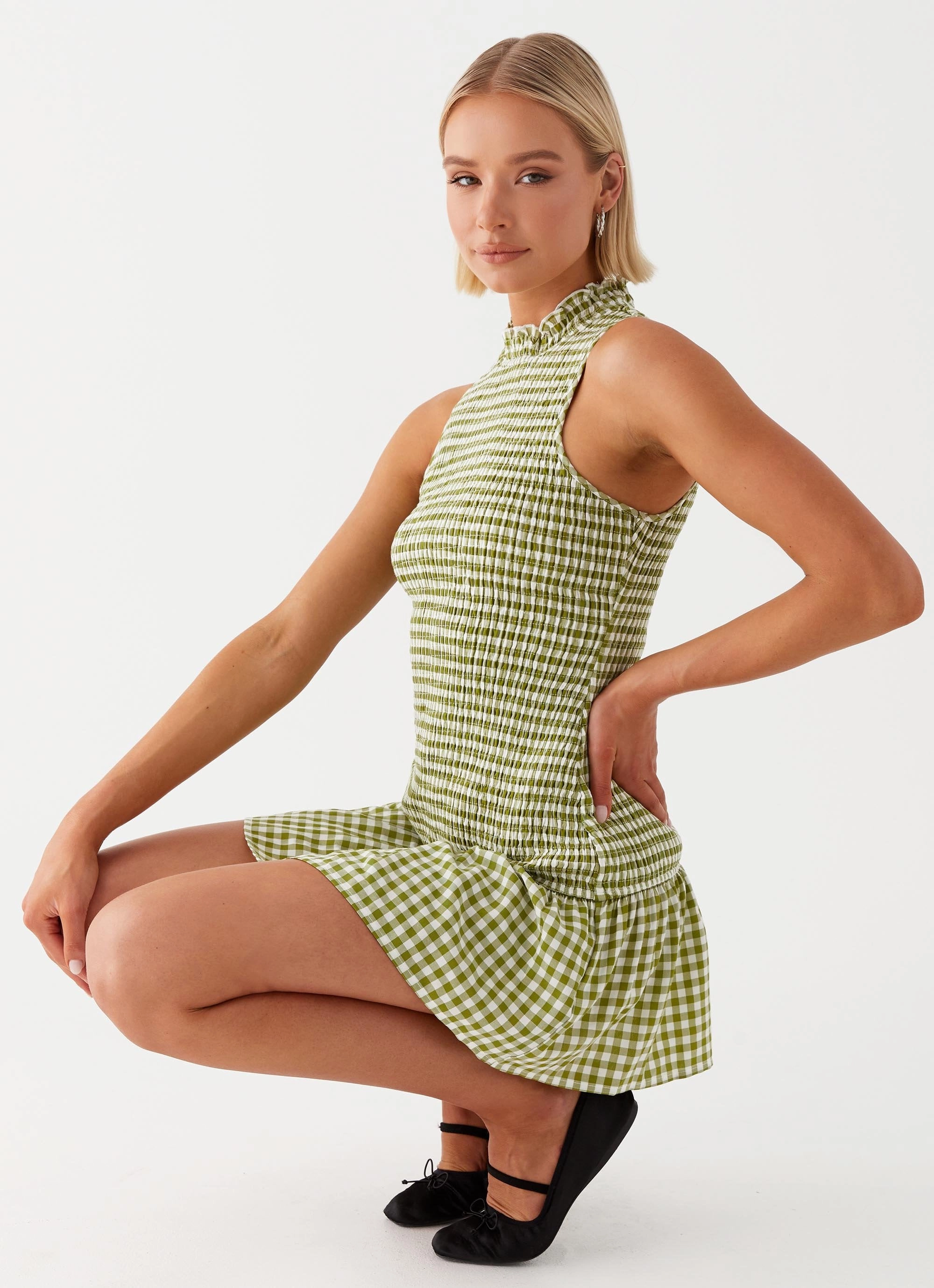 Cassie shirred Mini Dress - Khaki Gingham BreathableFabric Happy Scent