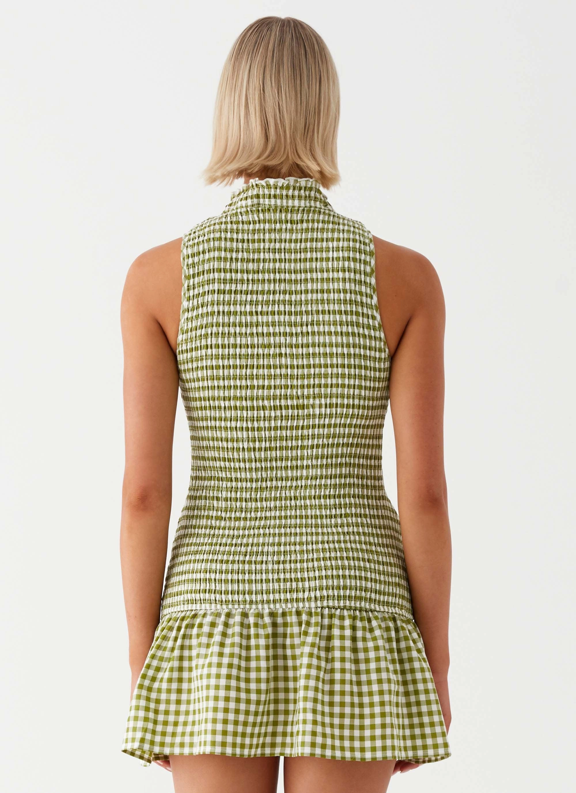 Rural Charm Cassie shirred Mini Dress - Khaki Gingham