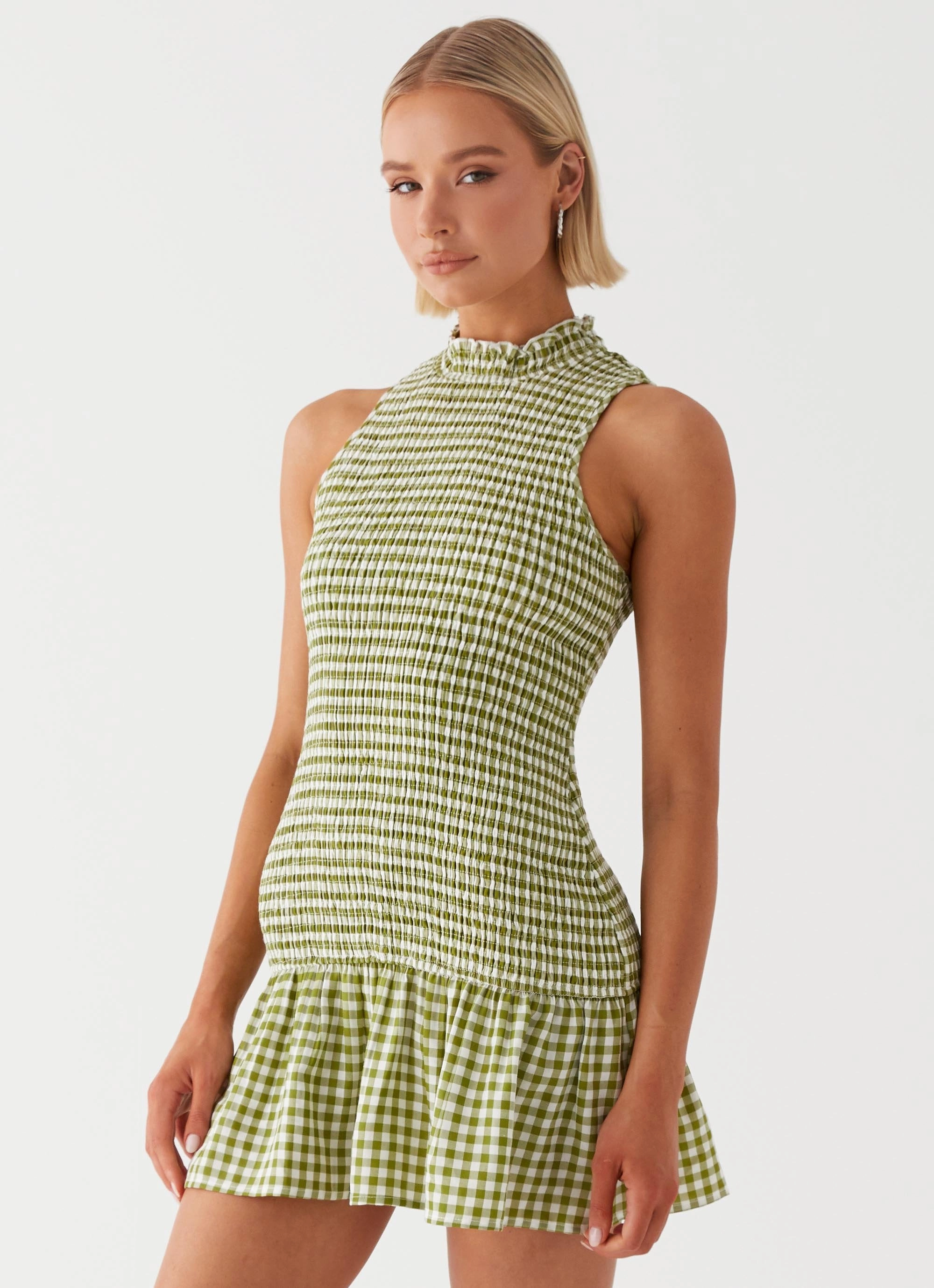 Chill Base Chic Everyday Wear Cassie shirred Mini Dress - Khaki Gingham