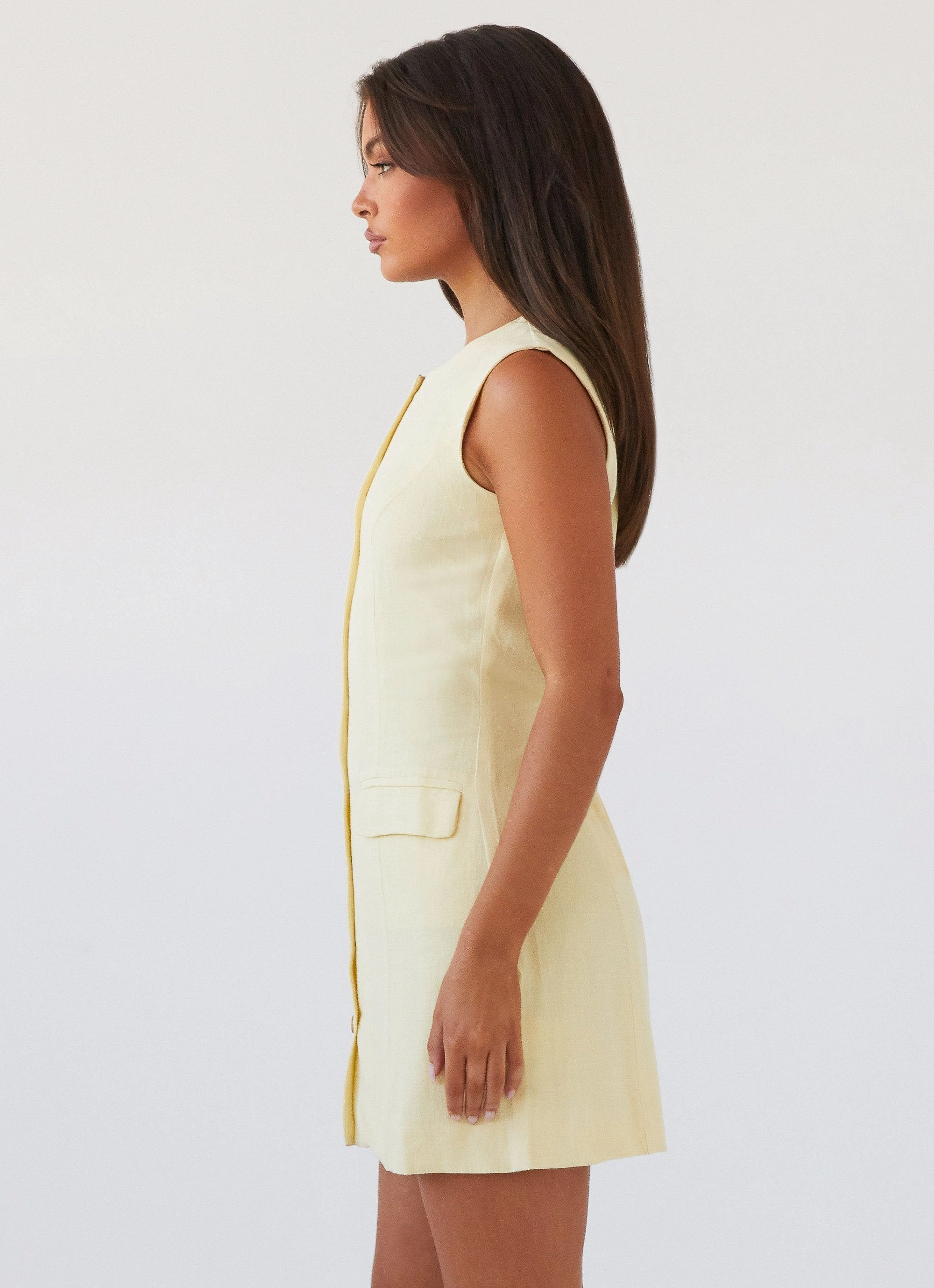 Castello Fiore Linen Mini Dress - Lemon Pleat-Front BiasCutSilhouette