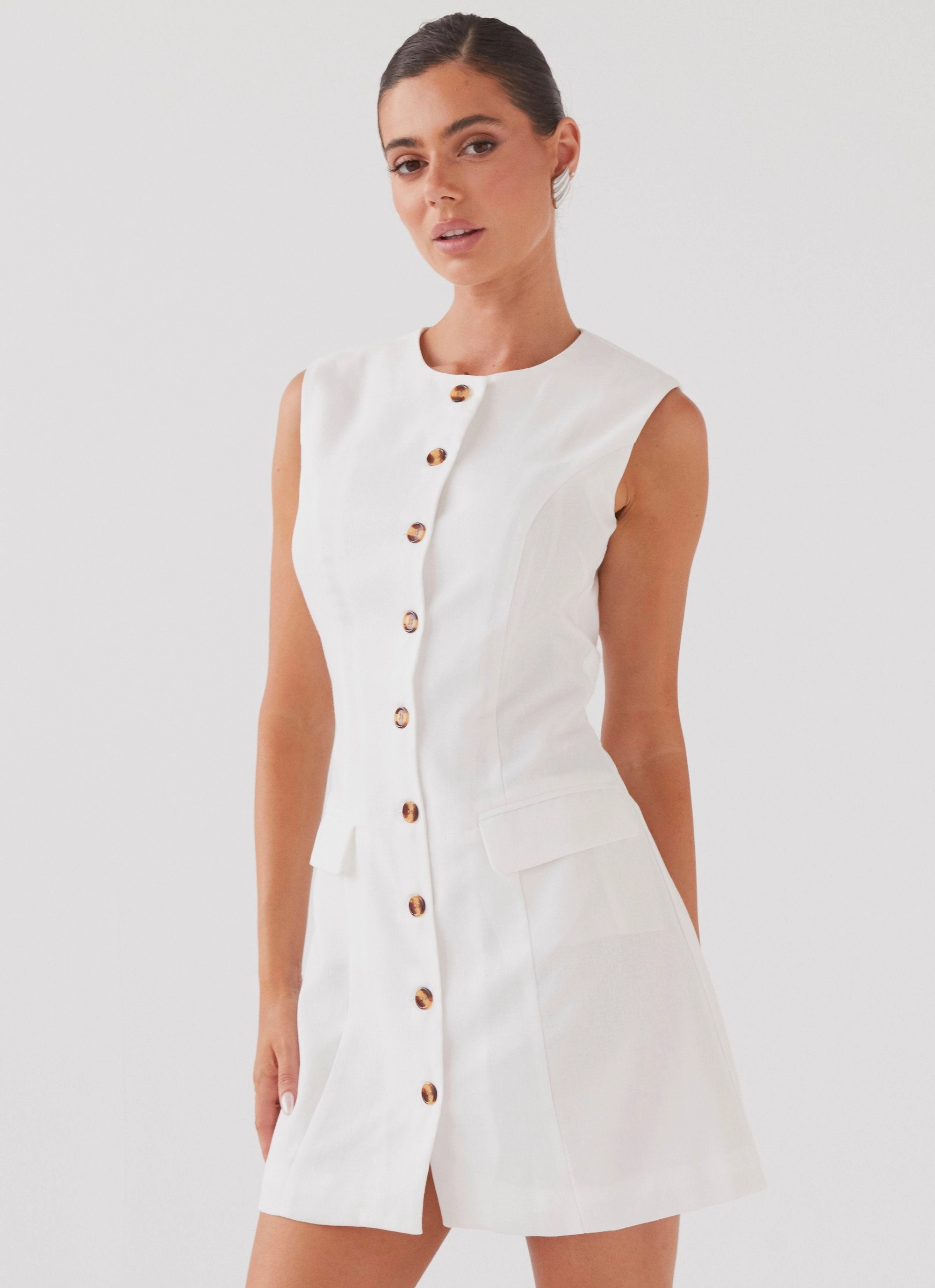 Castello Fiore Linen Mini Dress - White Side Tie Basic Cool