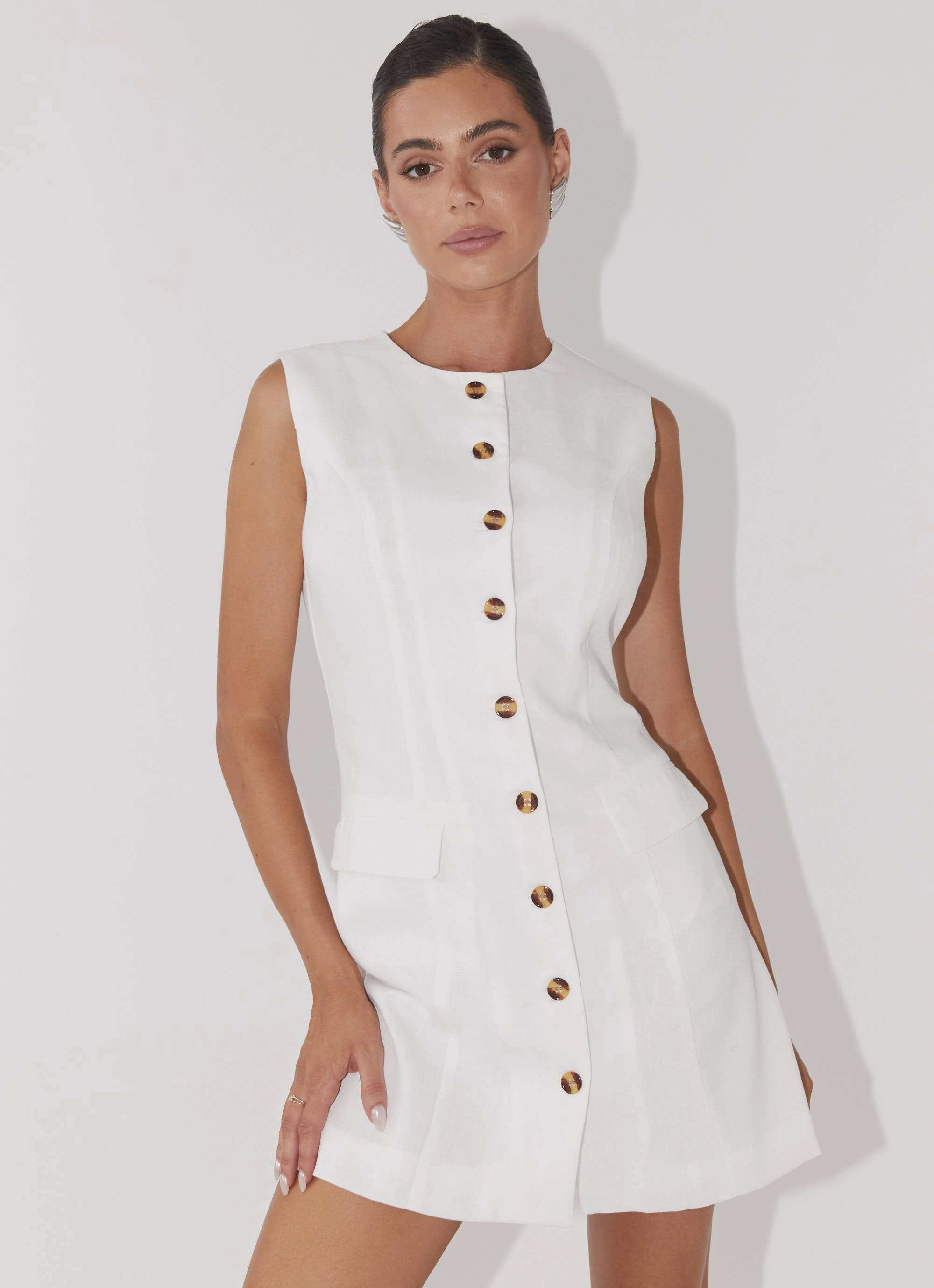 Castello Fiore Linen Mini Dress - White Flattering Look Fit