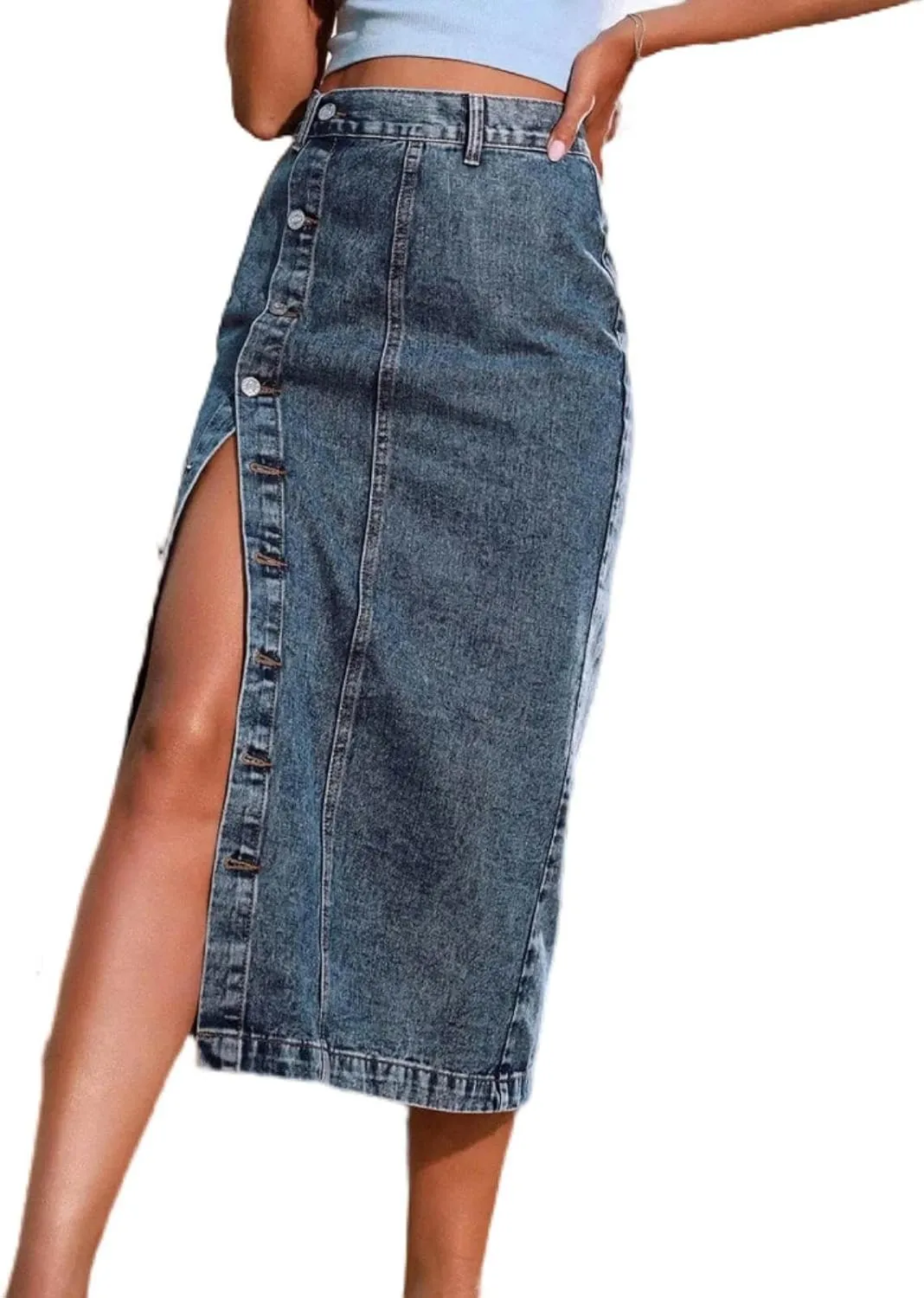 Casual Fashion Summer Button Front Irregular Slit Denim Skirts High Waist Long Skirt Jeans