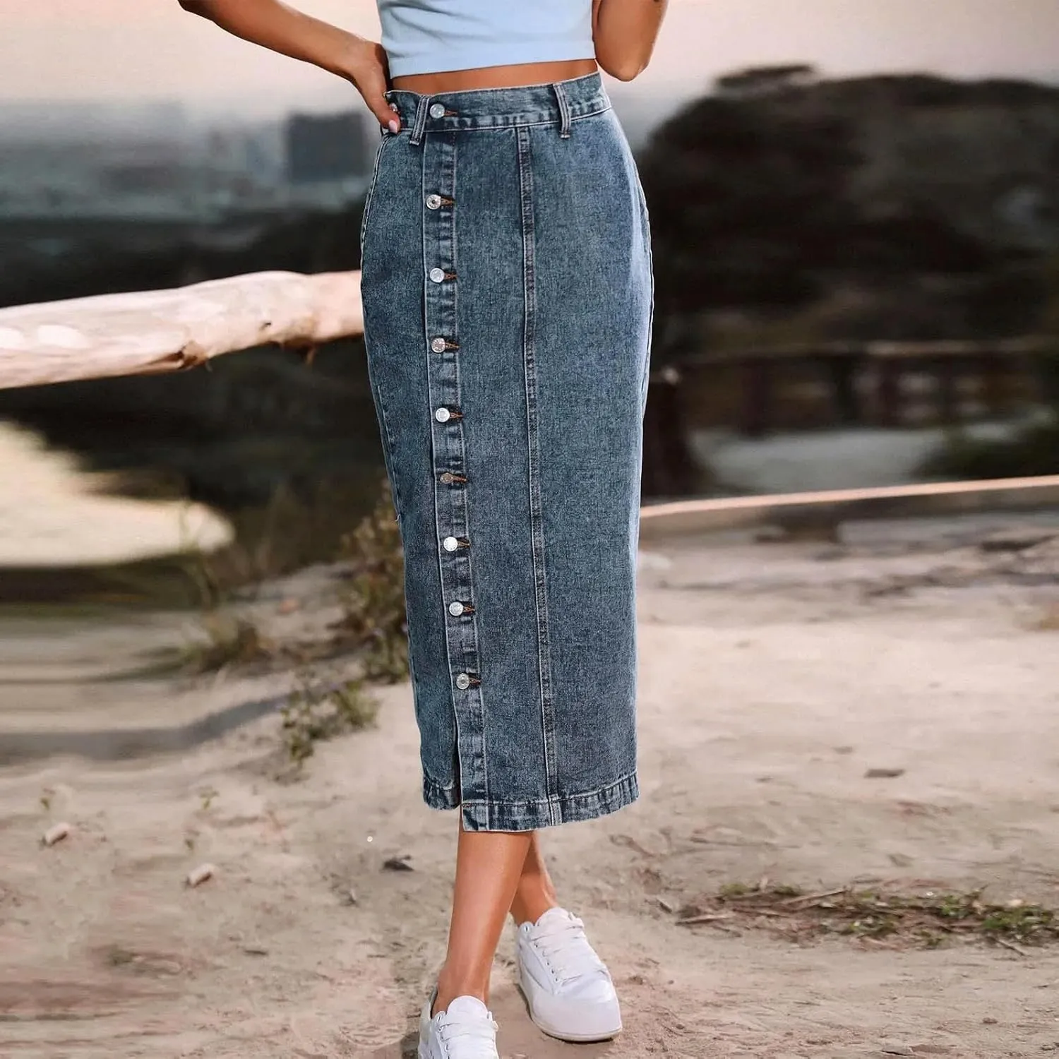 Casual Fashion Summer Button Front Irregular Slit Denim Skirts High Waist Long Skirt Jeans